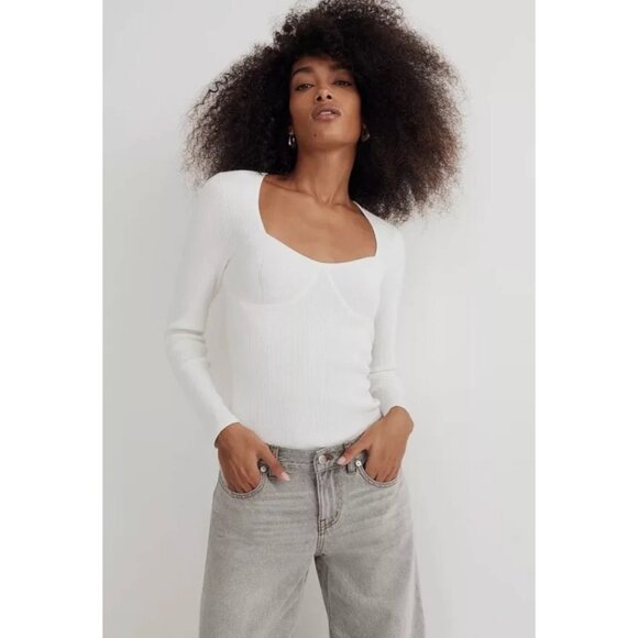 Madewell Wide Rib Sweater Top Women's Small Antique Cream Ivory Sweetheart Neck - Picture 10 of 16